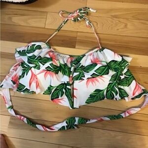 Womens 2XL bikini halter top exotic flowers, swimsuit top white green pink